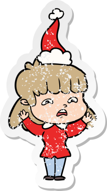 Bir insan tarafından çizilmiş Noel Baba şapkası giymiş endişeli bir kadının el yazısı.