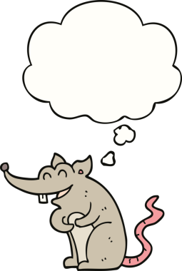 Bir insan tarafından çizilmiş düşünce baloncuklu çizgi film faresi.