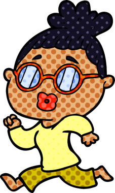 Bir insan tarafından çizilmiş gözlüklü bir karikatür kadın.