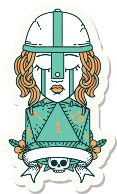 Ağlayan bir insan dövüşçüsünün çıkartması. Bir insan tarafından çizilmiş doğal bir D20 zarı var.