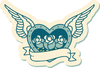 Geleneksel bir dövme stili. Uçan kalp. Çiçekler ve bir insan tarafından çizilmiş bayrak.