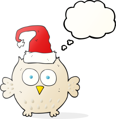 Bir insan tarafından çizilmiş noel şapkası giyen serbest çizim baloncuk baykuş.