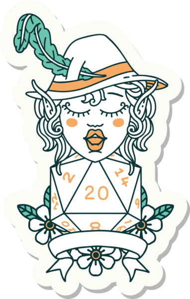 Bir insan tarafından çizilmiş 20 zarlı elf şairinin çıkartması.