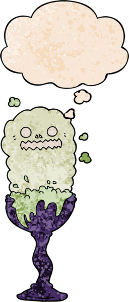 Bir insan tarafından çizilmiş grunge dokuma tarzında düşünce baloncuğu olan tuhaf cadılar bayramı iksiri bardağı.