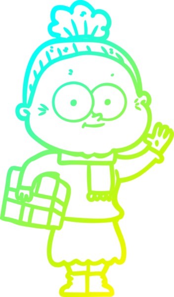 Bir insan tarafından çizilmiş, mutlu, yaşlı bir kadının çizimi.