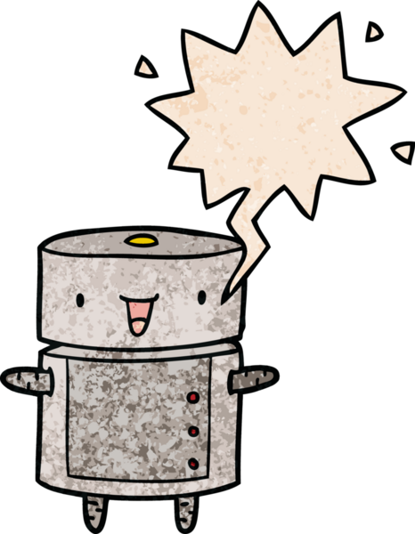 Bir insan tarafından çizilmiş eski moda konuşma baloncuğu olan sevimli çizgi film robotu.