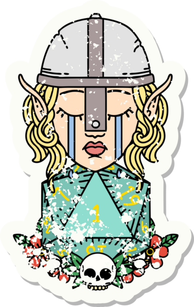 Hüzünlü bir elf savaşçısı karakterinin grunge çıkartması. Bir insan tarafından çizilmiş bir d20 rulo.