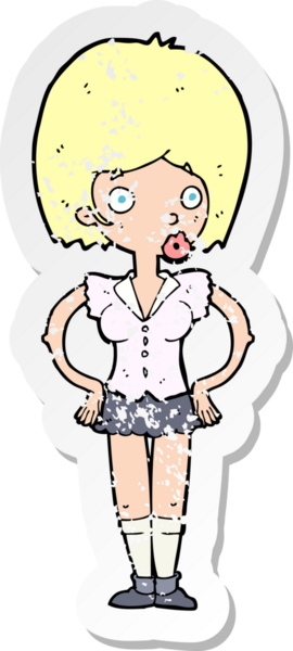 Bir insan tarafından çizilmiş kalçasında elleri olan bir karikatür kadının gerilmiş çıkartması.