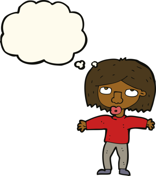 Bir insan tarafından çizilmiş düşünce baloncuğuyla yukarı bakan çizgi film kızı.