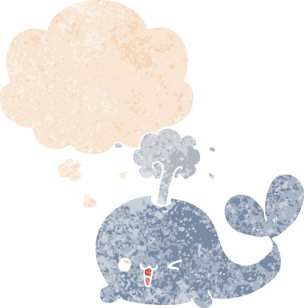 Düşünce baloncuklu çizgi film balinası grunge sıkıntılı retro dokulu bir insan tarafından çizilmiş