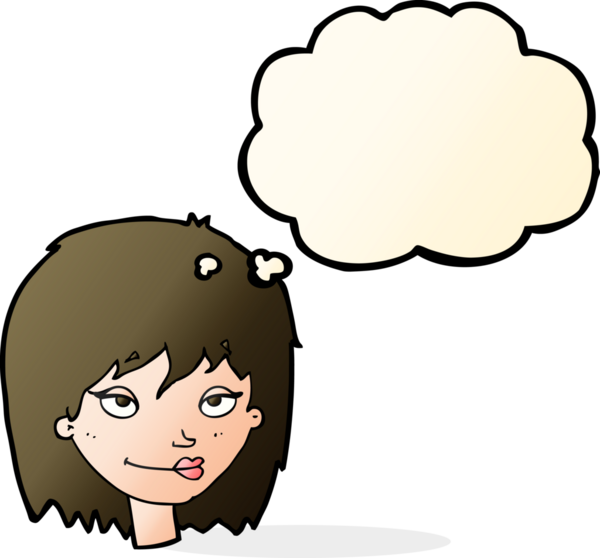 Bir insan tarafından çizilmiş düşünce baloncuğu olan gülümseyen bir kadın.