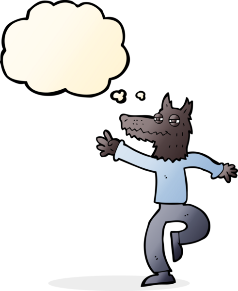 Bir insan tarafından çizilmiş düşünce balonlu mutlu kurt adam çizgi filmi.