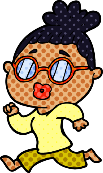 Bir insan tarafından çizilmiş gözlüklü bir karikatür kadın.