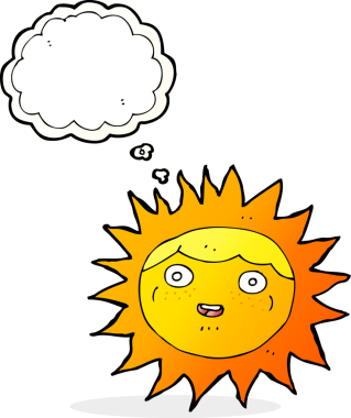 Güneş çizgi film karakteri. Düşünce baloncuğu insan tarafından çizilmiş.