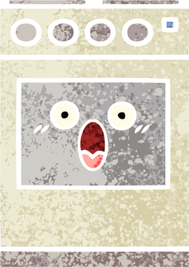 Bir insan tarafından çizilmiş mutfak fırınının retro çizim tarzı karikatürü.