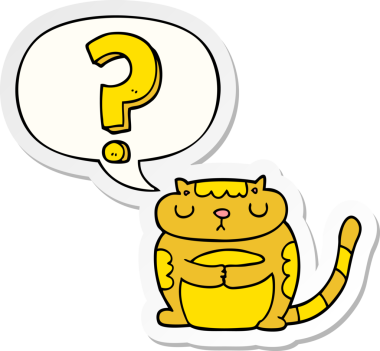 Bir insan tarafından çizilmiş konuşma balonu çıkartmalı soru işareti olan çizgi film kedisi.