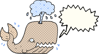 Serbest çizim çizgi roman konuşma balonu bir insan tarafından çizilmiş su püskürten balina.