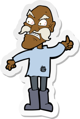 Bir insan tarafından çizilmiş yamalı giysili kızgın yaşlı bir adamın çıkartması.