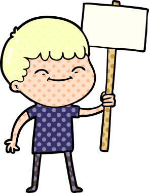 Bir insan tarafından çizilmiş pankartlı gülümseyen çocuk.