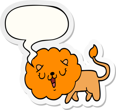 Bir insan tarafından çizilmiş konuşma kabarcığı çıkartmalı şirin çizgi film aslanı.