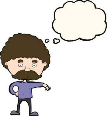 Bıyıklı bir karikatürist, bir insan tarafından çizilmiş düşünce baloncuğuyla kamp hareketi yapıyor.