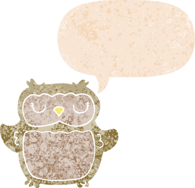 bir insan tarafından çizilmiş grunge sıkıntılı retro desenli konuşma baloncuğu ile çizgi film baykuşu