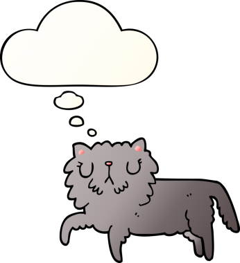 Bir insan tarafından çizilmiş yumuşak eğimli düşünce baloncuklu çizgi film kedisi.