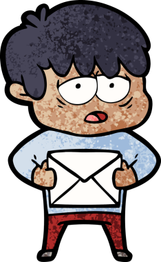 Bir insan tarafından çizilmiş bir mektupla yorgun çocuk çizgi filmi.