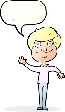 Bir insan tarafından çizilmiş konuşma baloncuğuyla el sallayan mutlu bir adam.