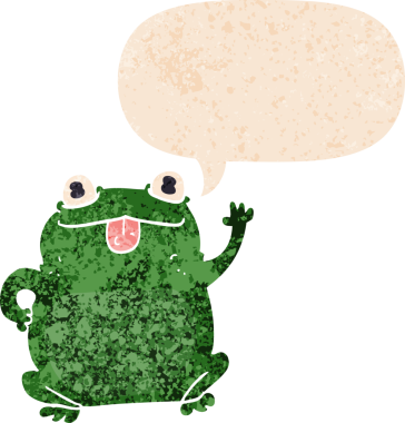 grunge 'da konuşma baloncuğu olan karikatür kurbağası bir insan tarafından çizilmiş dertli retro stil.