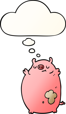 Düşünce baloncuğu olan şişman domuz çizgi filmi bir insan tarafından çizilmiş.