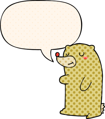 Bir insan tarafından çizilmiş çizgi roman tarzında konuşma balonu olan sevimli çizgi film ayısı.