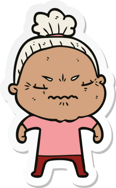 Çizgi film çıkartması. Bir insan tarafından çizilmiş yaşlı bir kadın.