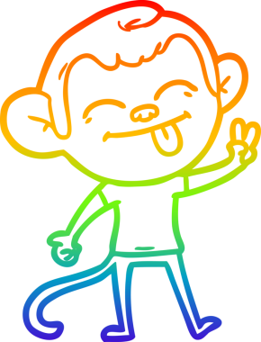 Gökkuşağı gradyan çizgi çizimi komik bir çizgi maymunun insan tarafından çizilmiş barış işareti.