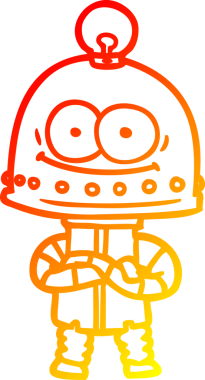 Bir insan tarafından çizilmiş ampullü mutlu bir robot çizimi.