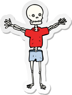 Bir insan tarafından çizilmiş kıyafetlerle çizilmiş karikatür iskeletinin çıkartması.