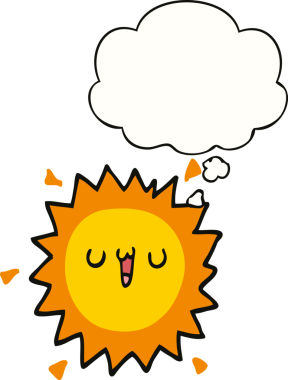 Bir insan tarafından çizilmiş düşünce baloncuklu çizgi film güneşi.