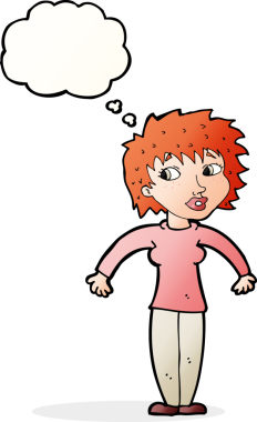 Bir insan tarafından çizilmiş düşünce baloncuğuyla omuz silken çizgi film kadını.