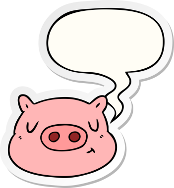 Bir insan tarafından çizilmiş konuşma kabarcığı çıkartmalı domuz suratlı çizgi film.