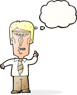 Bir insan tarafından çizilmiş düşünce baloncuğu olan huysuz patron çizgi filmi.