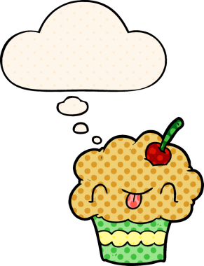 Bir insan tarafından çizilmiş, düşünce baloncuklu çizgi roman tarzı kek.