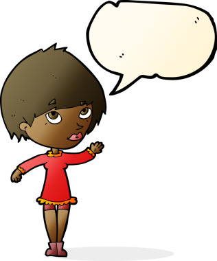 Bir insan tarafından çizilmiş bir konuşma balonuyla el sallayan çizgi film kadını.