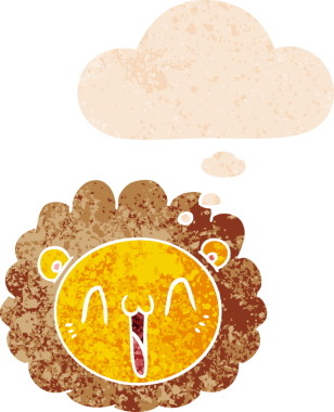 Düşünce baloncuğu ile çizgi film aslanı yüzü bir insan tarafından çizilmiş dertli retro dokuma tarzı