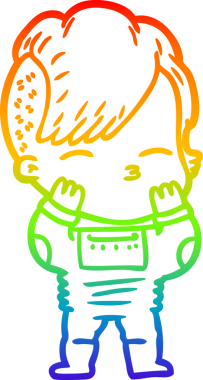 Gökkuşağı gradyan çizgi çizimi. Bir insan tarafından çizilmiş fütürist kıyafetler giyen bir kız çizimi.