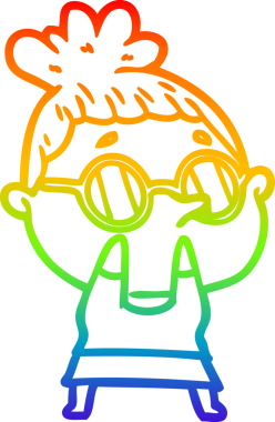 Gökkuşağı gradyan çizgi çizimi bir insan tarafından çizilmiş gözlük takan bir kadın.