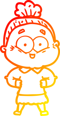 Bir insan tarafından çizilmiş mutlu, yaşlı bir kadının sıcak çizgi çizimi.