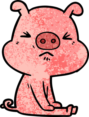 Bir insan tarafından çizilmiş kızgın bir domuz oturmuş bekliyor.