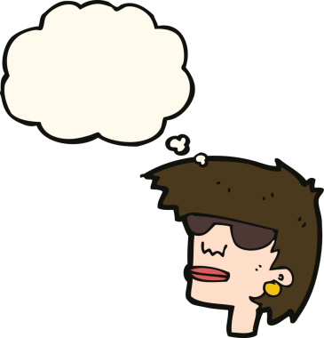 Bir insan tarafından çizilmiş düşünce baloncuklu gözlüklü kadın yüzü.