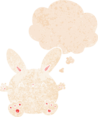 Homurdanan düşünce baloncuğu olan sevimli çizgi film tavşanı bir insan tarafından çizilmiş dertli retro tarzı.