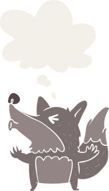 Bir insan tarafından çizilmiş düşünce baloncuğuyla uluyan kurtadam çizgi filmi.